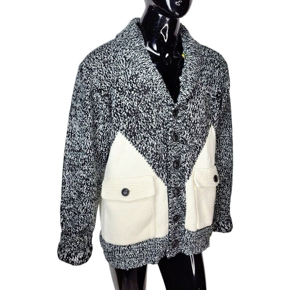 Black Scale Black Creme Color Block Knit Crochet Men's Shawl Cardigan Sweater XL